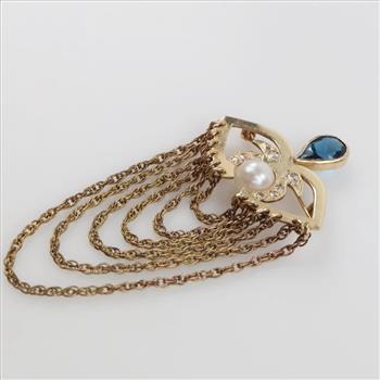 10kt Gold Pearl Blue Stone Diamond Accent Brooch