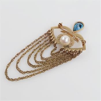10kt Gold Pearl Blue Stone Diamond Accent Brooch