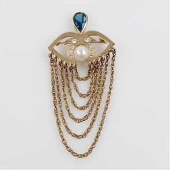 10kt Gold Pearl Blue Stone Diamond Accent Brooch