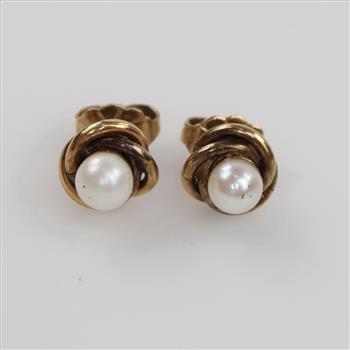 10kt Gold Pearl Hollow Stud Earrings Stainless Steel Posts