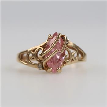 10kt Gold Pink Stone Clear Stone Accent Ring