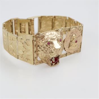 10kt Gold Red Glass And Ruby Panel Bracelet