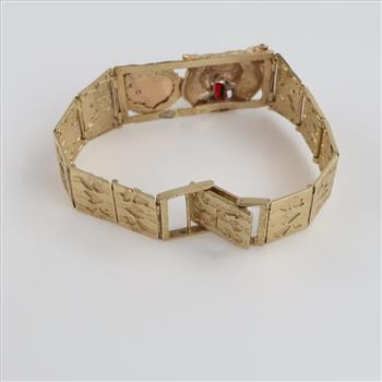10kt Gold Red Glass And Ruby Panel Bracelet