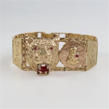 10kt Gold Red Glass And Ruby Panel Bracelet