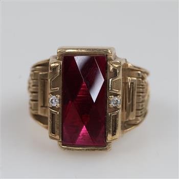 10kt Gold Red Stone Clear Stone Accent Class Ring