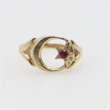 10kt Gold Red Stone Moon Star Ring