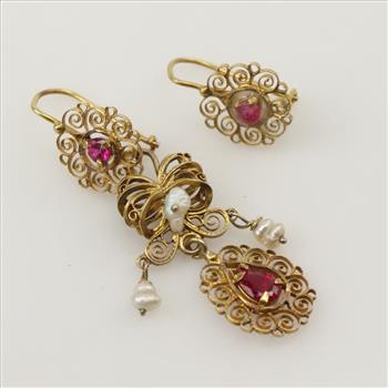 10kt Gold Ruby Pearl Dangle Earrings