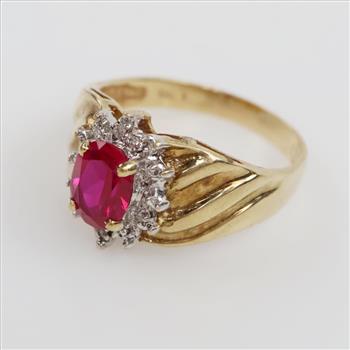 10kt Gold Two-tone Red Stone Diamond Accent Ring