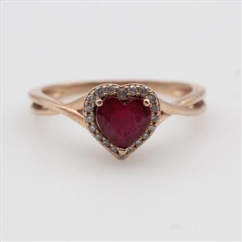 10kt Rose Gold Diamond Accent And Red Stone Heart Ring