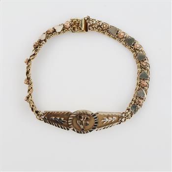 10kt Tri Colored Gold Heart And Flower ID Bracelet