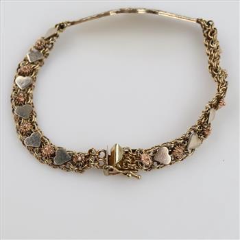 10kt Tri Colored Gold Heart And Flower ID Bracelet