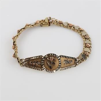 10kt Tri Colored Gold Heart And Flower ID Bracelet