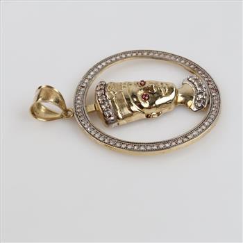 10kt Two Tone Gold Clear Stone Red Stone Accent Nefertiti Hollow Pendant