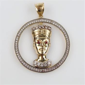 10kt Two Tone Gold Clear Stone Red Stone Accent Nefertiti Hollow Pendant