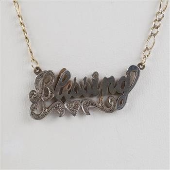10kt Two Tone Gold Figaro Link Necklace Sterling Silver Name Pendant