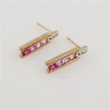 10kt Two Tone Gold Pink Stone Diamond Accent Earrings