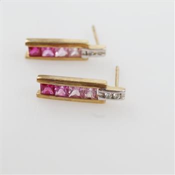 10kt Two Tone Gold Pink Stone Diamond Accent Earrings