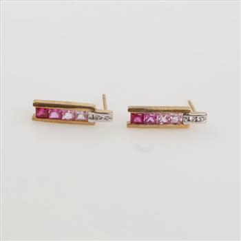 10kt Two Tone Gold Pink Stone Diamond Accent Earrings