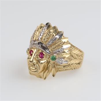 10kt Two Tone Gold Red And Green Stone Indian Head Ring