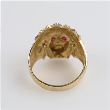 10kt Two Tone Gold Red And Green Stone Indian Head Ring