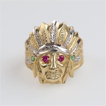 10kt Two Tone Gold Red And Green Stone Indian Head Ring