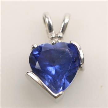 10kt White Gold Blue Stone Diamond Accent Heart Pendant
