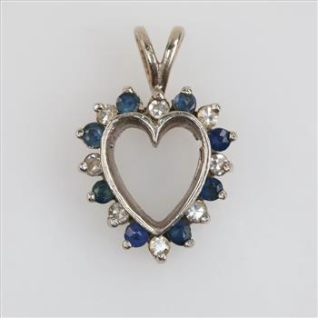 10kt White Gold Clear & Blue Stone Open Heart Pendant