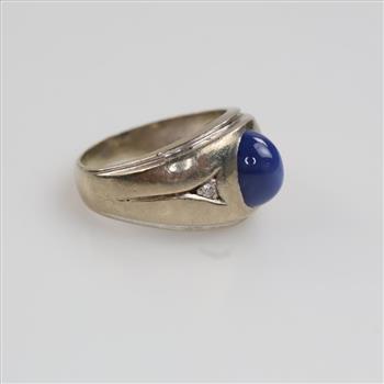 10kt White Gold Diamond And Blue Stone Ring