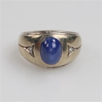 10kt White Gold Diamond And Blue Stone Ring