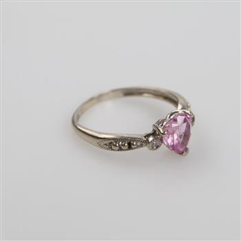 10kt White Gold Diamond And Pink Stone Ring