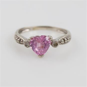10kt White Gold Diamond And Pink Stone Ring
