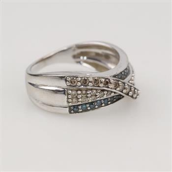 10kt White Gold Diamond Blue Stone Three Band Ring