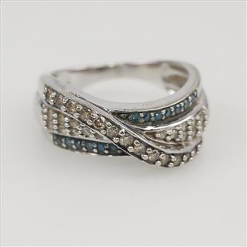 10kt White Gold Diamond Blue Stone Three Band Ring