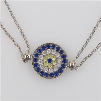 10kt White Gold Multi-color Stone Double Strand Evil Eye Pendant Bracelet