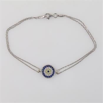 10kt White Gold Multi-color Stone Double Strand Evil Eye Pendant Bracelet