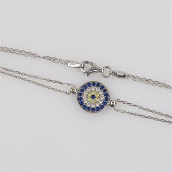 10kt White Gold Multi-color Stone Double Strand Evil Eye Pendant Bracelet