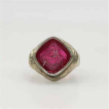 10kt White Gold Ruby Masonic Ring