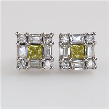 10kt White Gold Yellow & Clear Stone Square Stud Earrings
