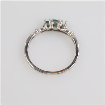 10kt White GP Green Stone Diamond Accent Ring