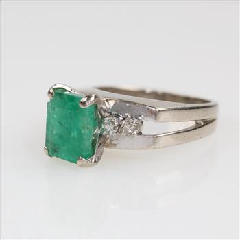 1.25cts TW Emerald And Diamond 14kt White Gold Ring- Evaluated By Our Certified Gemologist-AGS/GIA