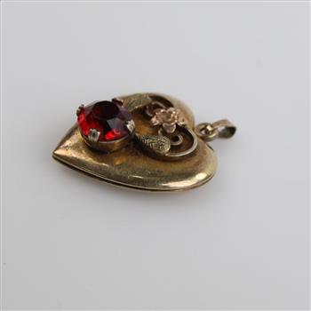 12kt Tri-Color GF Red Stone Heart Locket Pendant