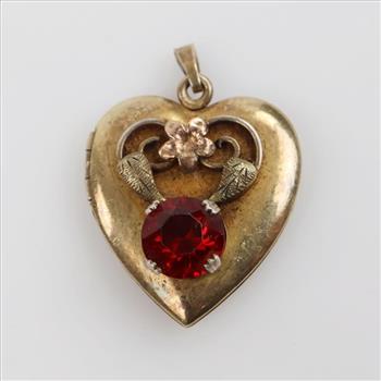 12kt Tri-Color GF Red Stone Heart Locket Pendant