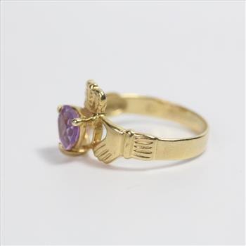 13k Gold 2.16g Claddagh Ring With Purple Stone