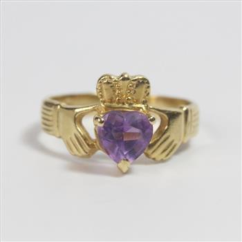 13k Gold 2.16g Claddagh Ring With Purple Stone