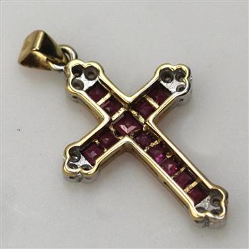 13kt Gold 2.1g Cross Pendant With Ruby And Diamond Accents