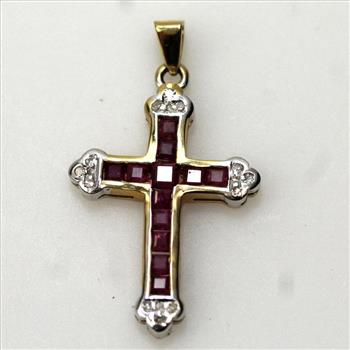 13kt Gold 2.1g Cross Pendant With Ruby And Diamond Accents