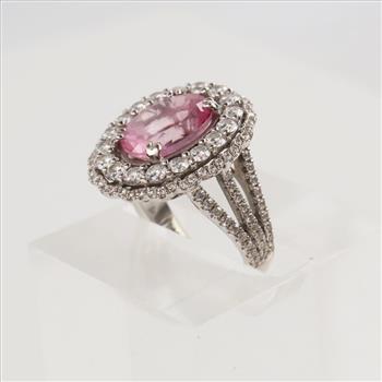 1.42ctTW Diamond Pink Topaz 18kt White Gold Halo Ring - Evaluated By Certified Gemologist-AGS/GIA