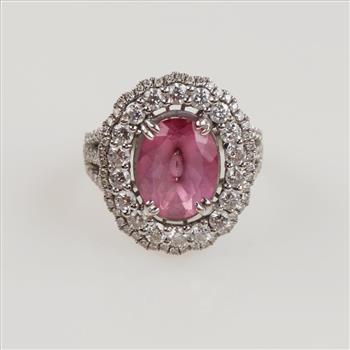 1.42ctTW Diamond Pink Topaz 18kt White Gold Halo Ring - Evaluated By Certified Gemologist-AGS/GIA