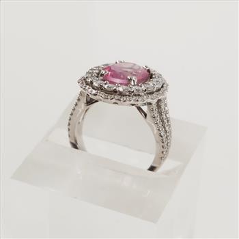 1.42ctTW Diamond Pink Topaz 18kt White Gold Halo Ring - Evaluated By Certified Gemologist-AGS/GIA