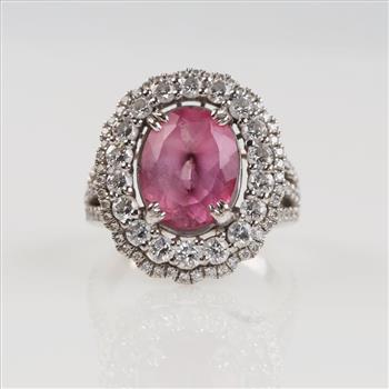 1.42ctTW Diamond Pink Topaz 18kt White Gold Halo Ring - Evaluated By Certified Gemologist-AGS/GIA
